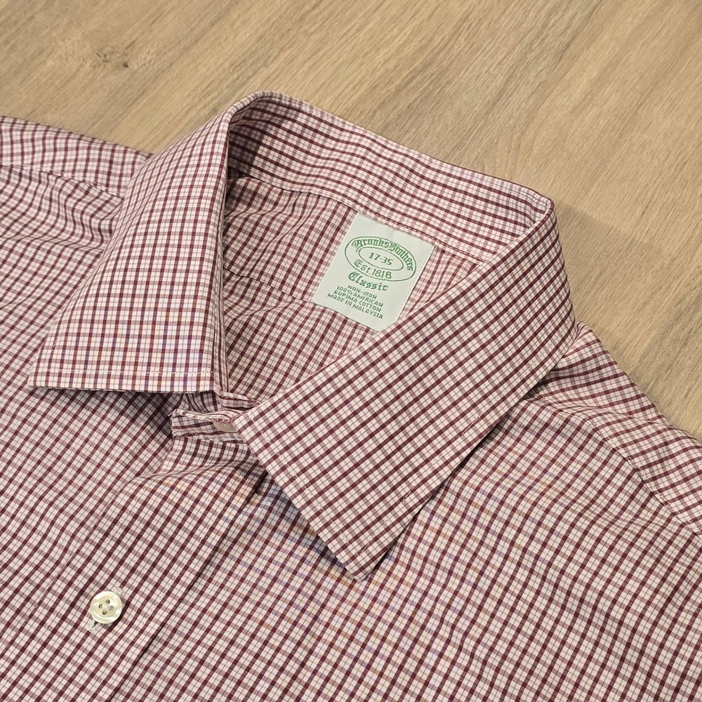 Brooks Brothers Classic Fit Non-Iron Shirt 17-35 Burgundy Check Supima Cotton